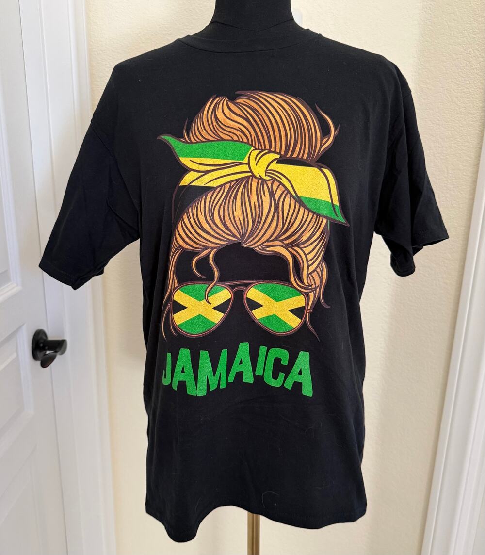 Port & Company Jamaica Messy Bun Glitter Graphic T-Shirt Medium